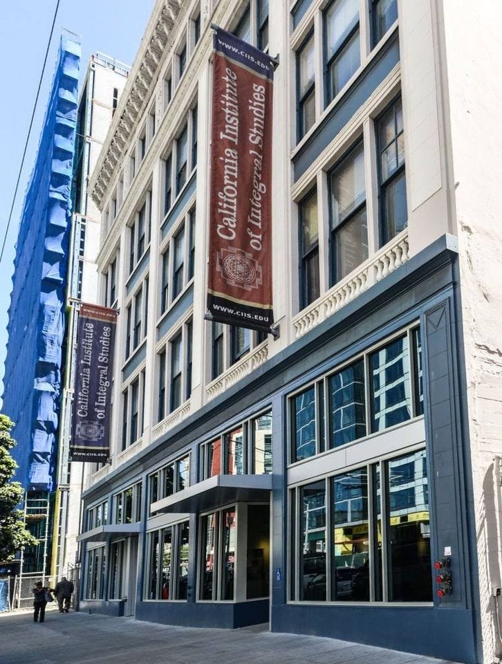 The CIIS building at 1453 Mission Street, San Francisco — a street-level view of the facade with California Institute of Integral Studies banners above the ground-floor windows.